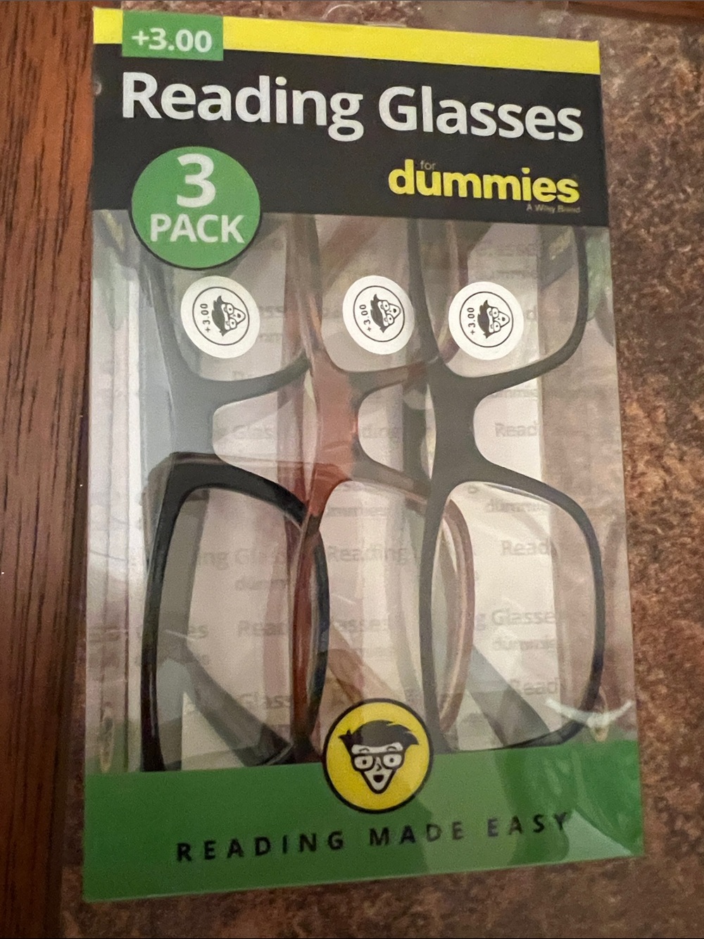 Reading Glasses for Dummies 3-Pack +3.00 Shiny Black, Brown ( Amber,) Flat Black